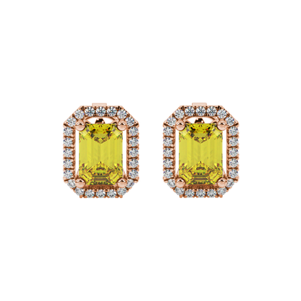 Emerald cut yellow gemstone halo stud earrings with round diamond accents