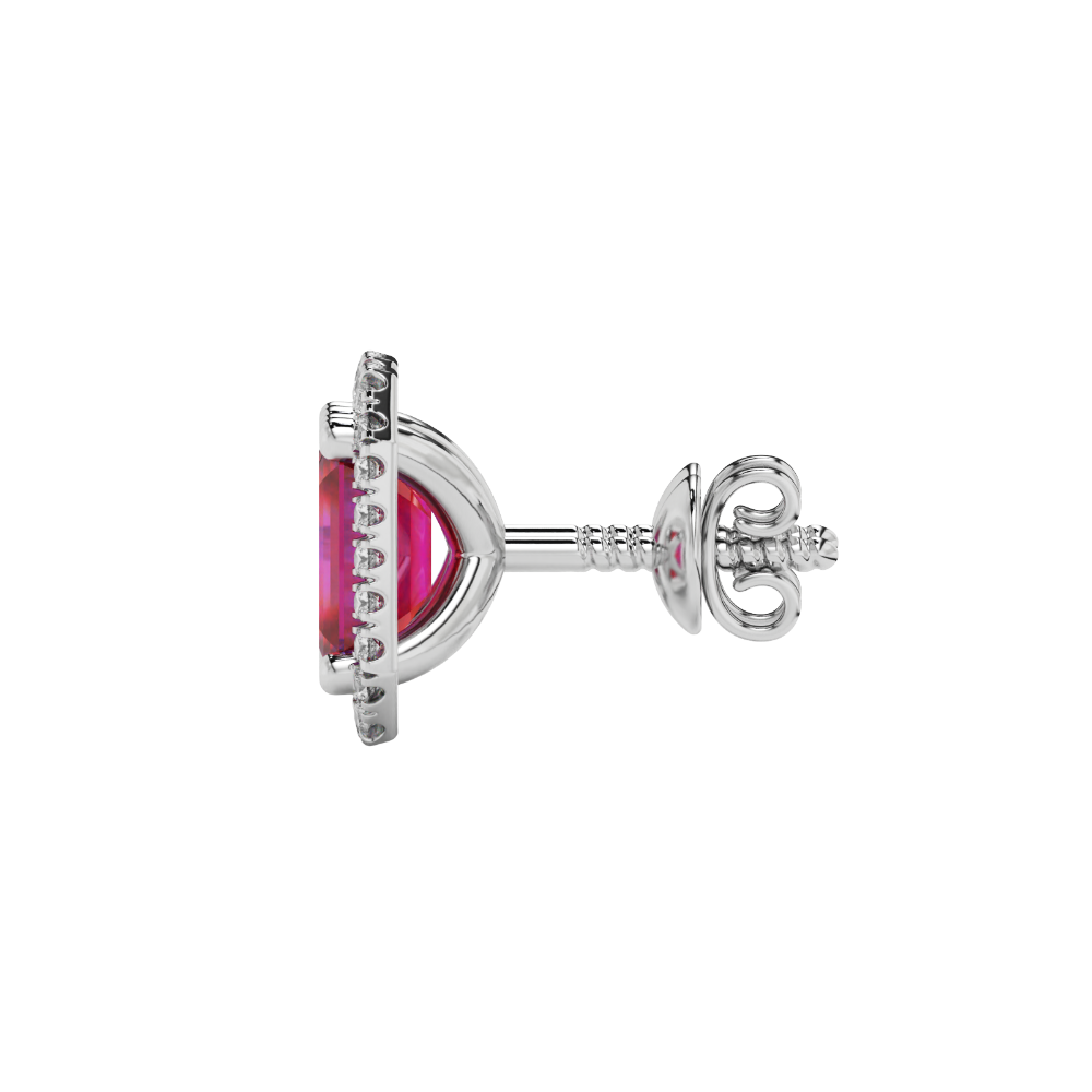 Emerald cut red gemstone halo stud earrings with round diamond accents