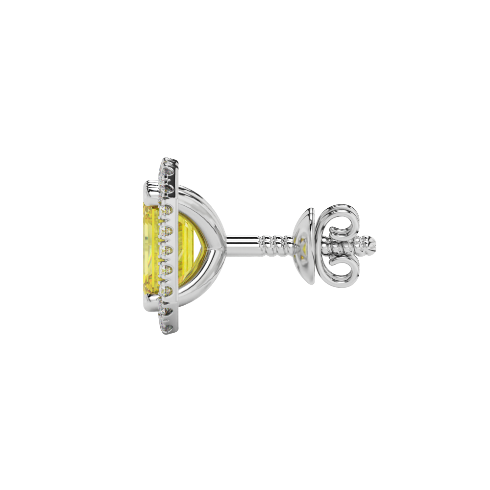 Emerald cut yellow gemstone halo stud earrings with round diamond accents