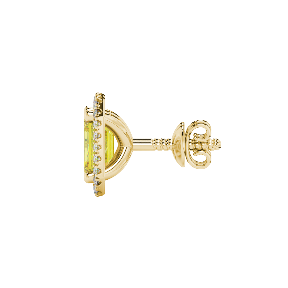 Emerald cut yellow gemstone halo stud earrings with round diamond accents