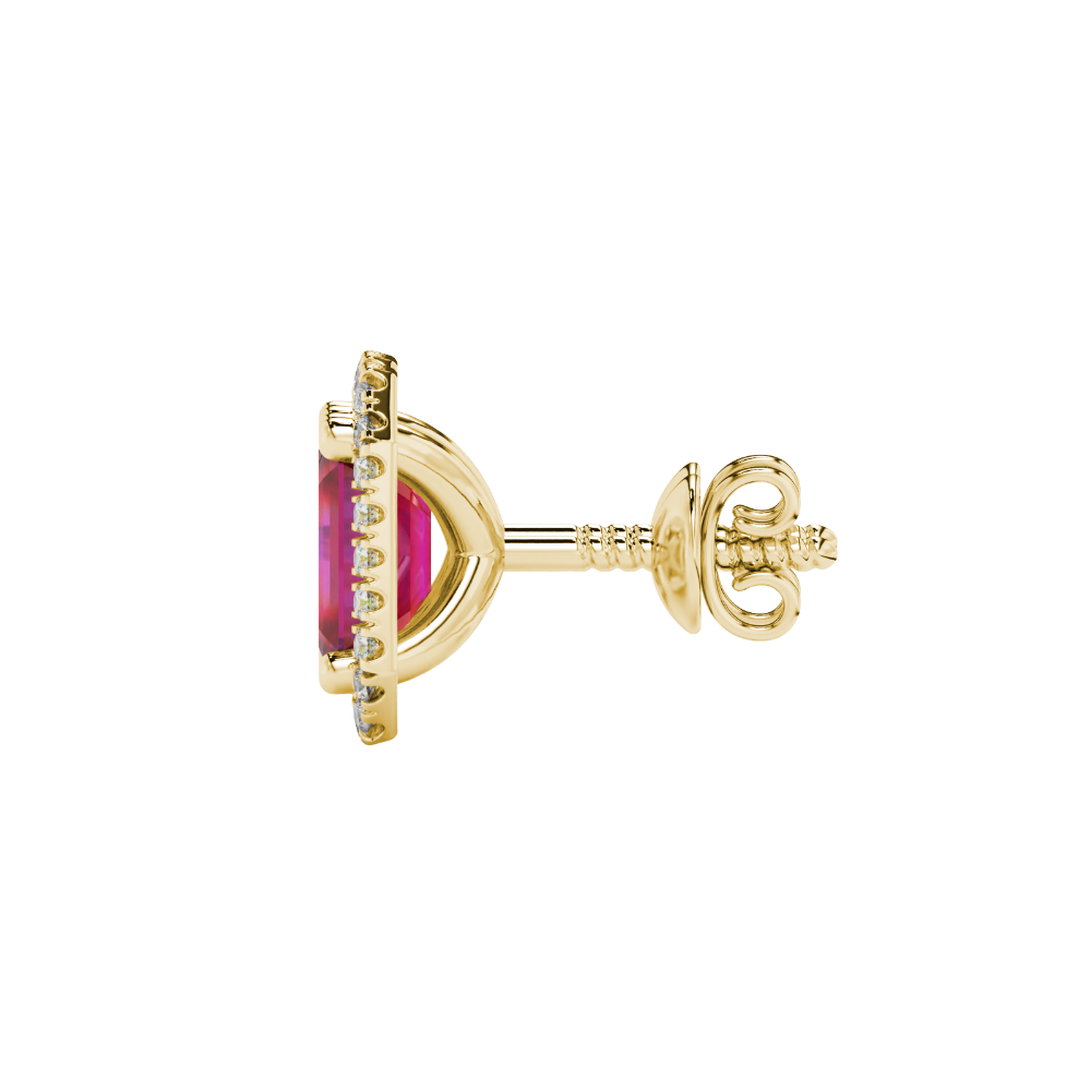 Emerald cut red gemstone halo stud earrings with round diamond accents