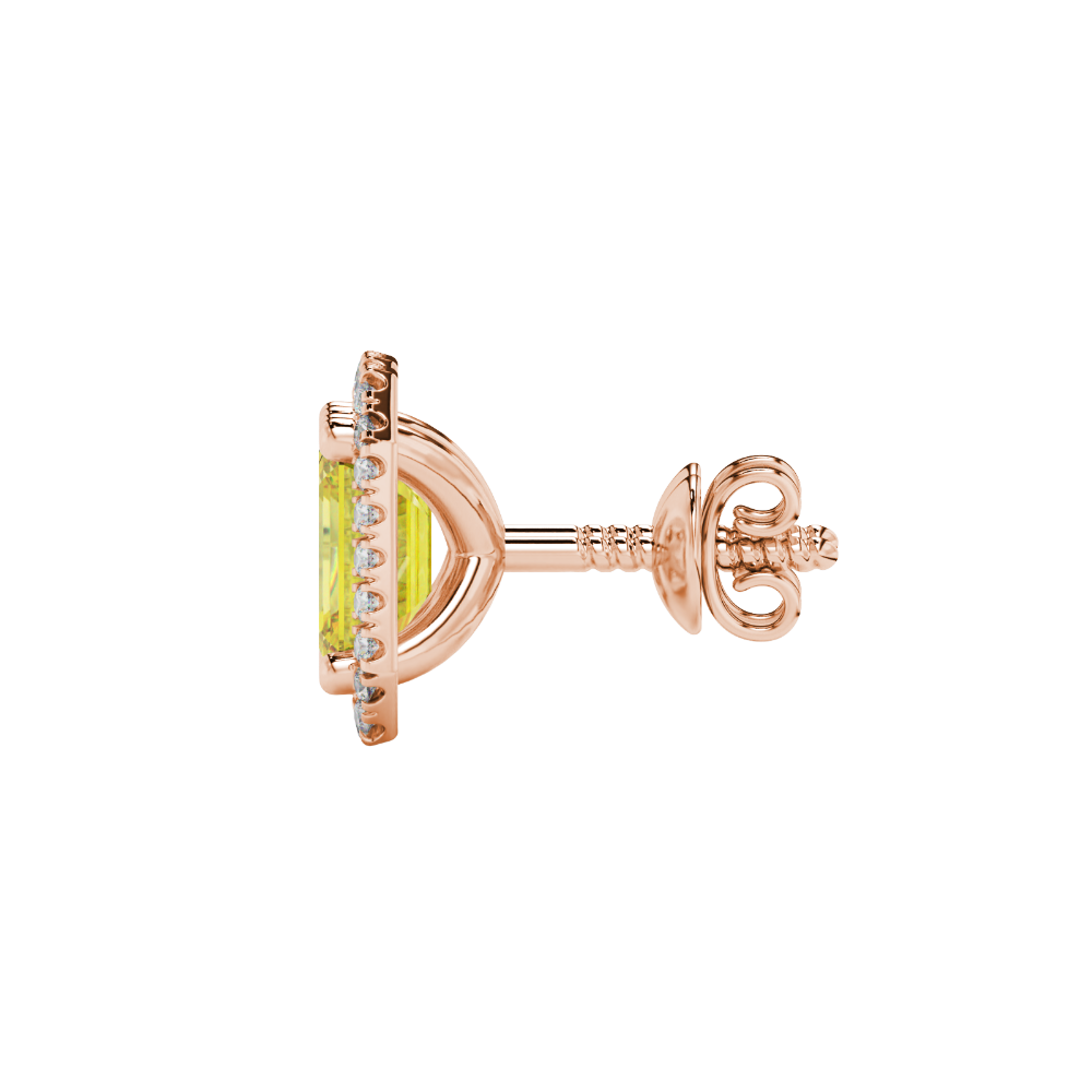 Emerald cut yellow gemstone halo stud earrings with round diamond accents