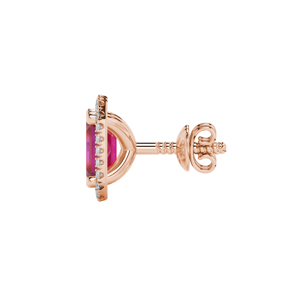 Emerald cut red gemstone halo stud earrings with round diamond accents