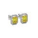 Emerald cut yellow gemstone halo stud earrings with round diamond accents