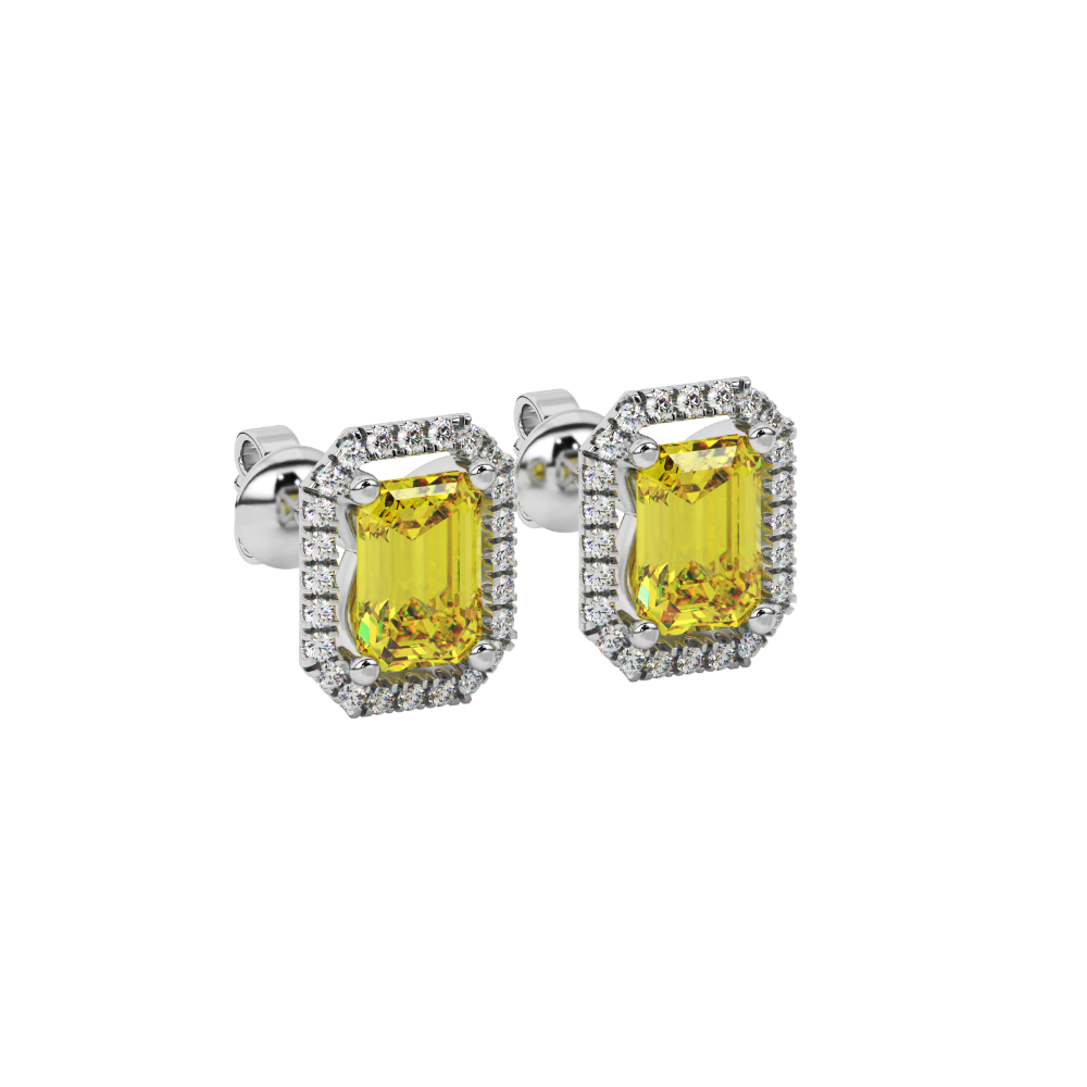 Emerald cut yellow gemstone halo stud earrings with round diamond accents