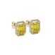 Emerald cut yellow gemstone halo stud earrings with round diamond accents