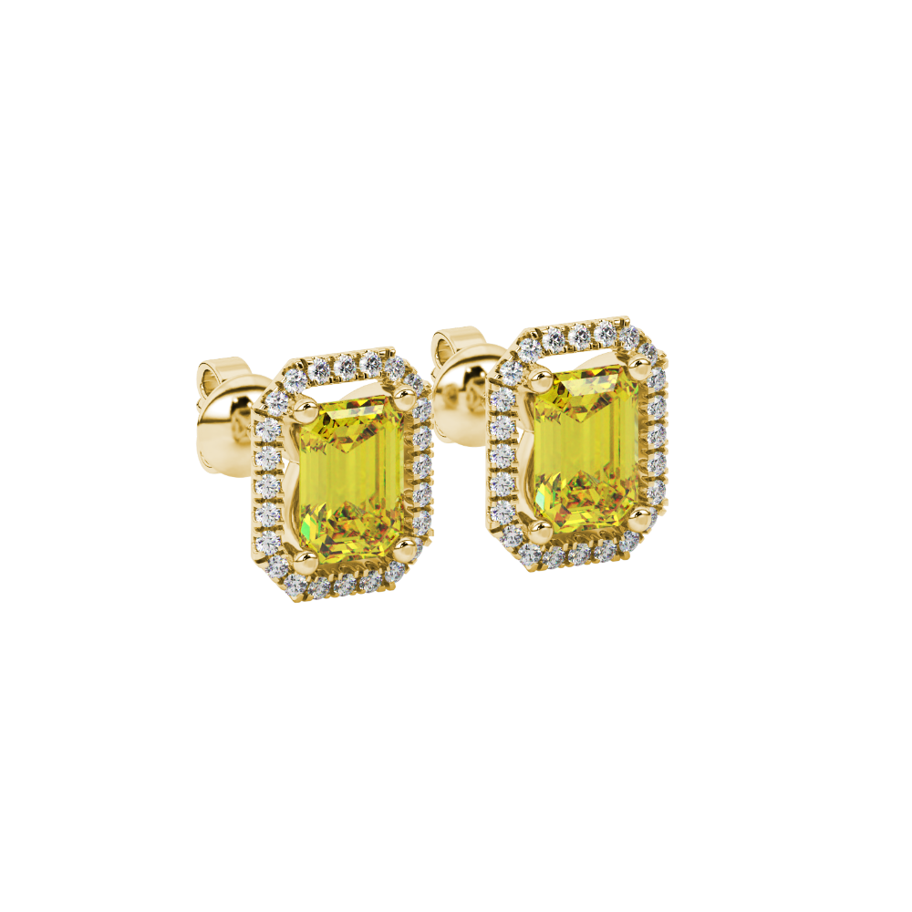 Emerald cut yellow gemstone halo stud earrings with round diamond accents
