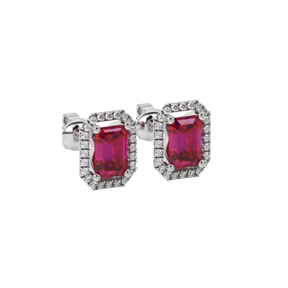 Emerald cut red gemstone halo stud earrings with round diamond accents