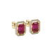 Emerald cut red gemstone halo stud earrings with round diamond accents