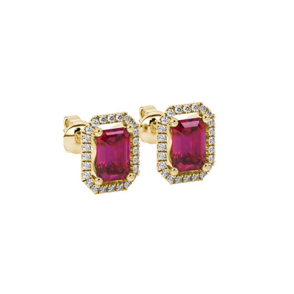 Emerald cut red gemstone halo stud earrings with round diamond accents
