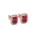 Emerald cut red gemstone halo stud earrings with round diamond accents