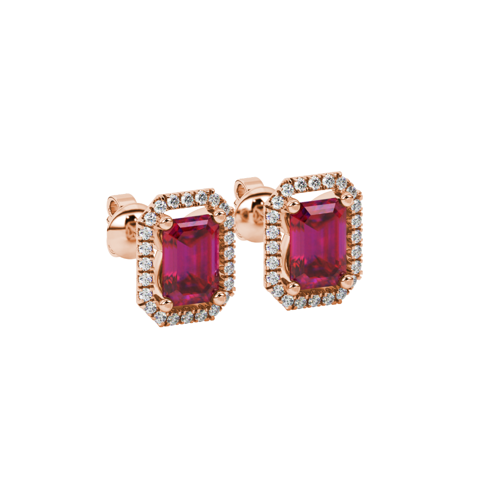 Emerald cut red gemstone halo stud earrings with round diamond accents