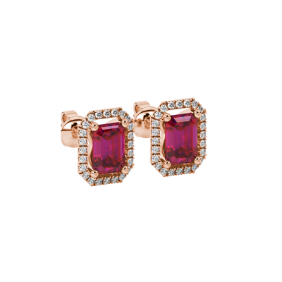Emerald cut red gemstone halo stud earrings with round diamond accents