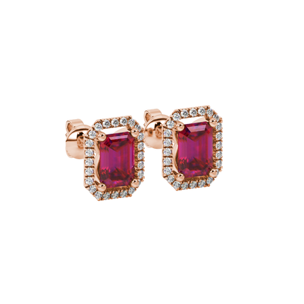 Emerald cut red gemstone halo stud earrings with round diamond accents