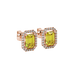 Emerald cut yellow gemstone halo stud earrings with round diamond accents
