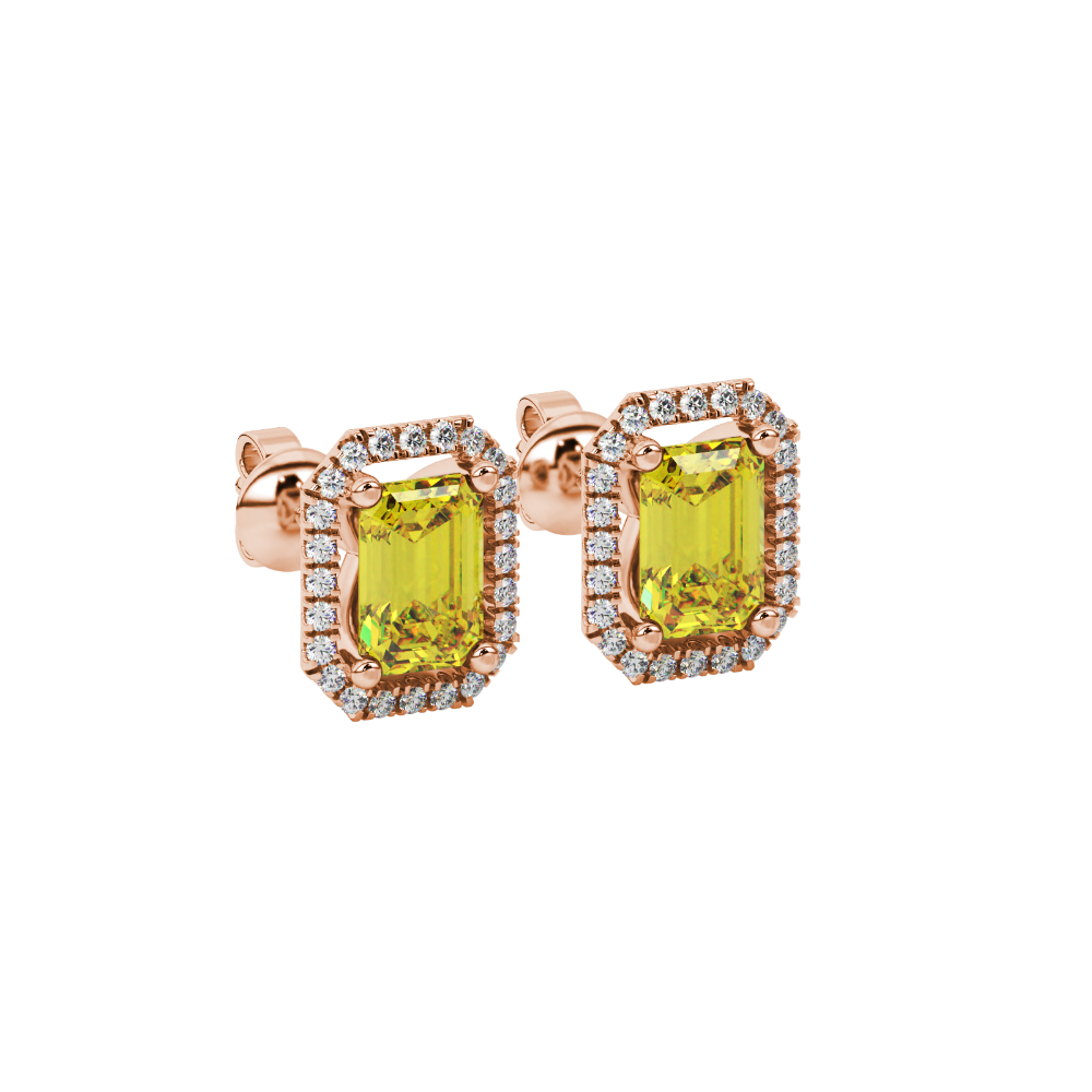 Emerald cut yellow gemstone halo stud earrings with round diamond accents