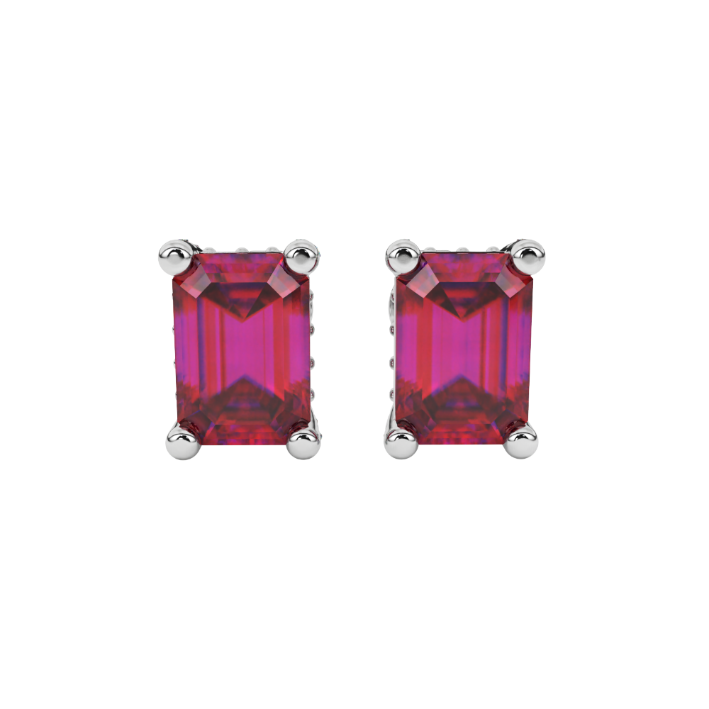 Red emerald cut gemstone stud earrings in rose gold four-prong setting