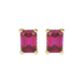 Red emerald cut gemstone stud earrings in rose gold four-prong setting