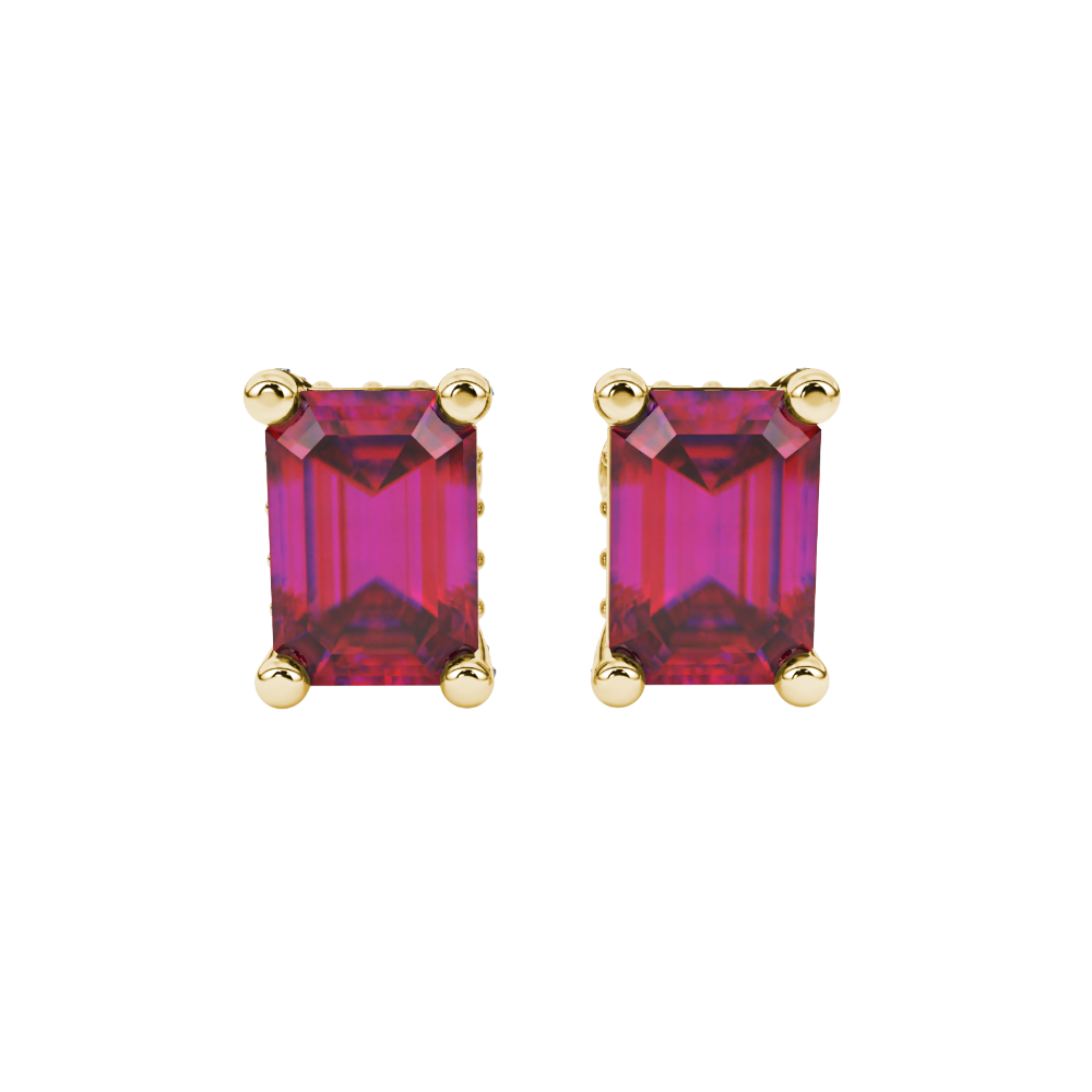 Red emerald cut gemstone stud earrings in rose gold four-prong setting