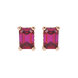 Red emerald cut gemstone stud earrings in rose gold four-prong setting