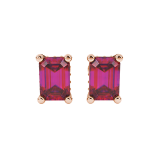 Raspberry Red emerald cut pavé basket gemstone stud earrings in Rose Gold