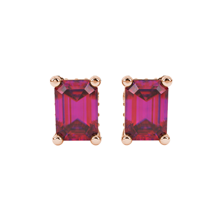 Red emerald cut gemstone stud earrings in rose gold four-prong setting