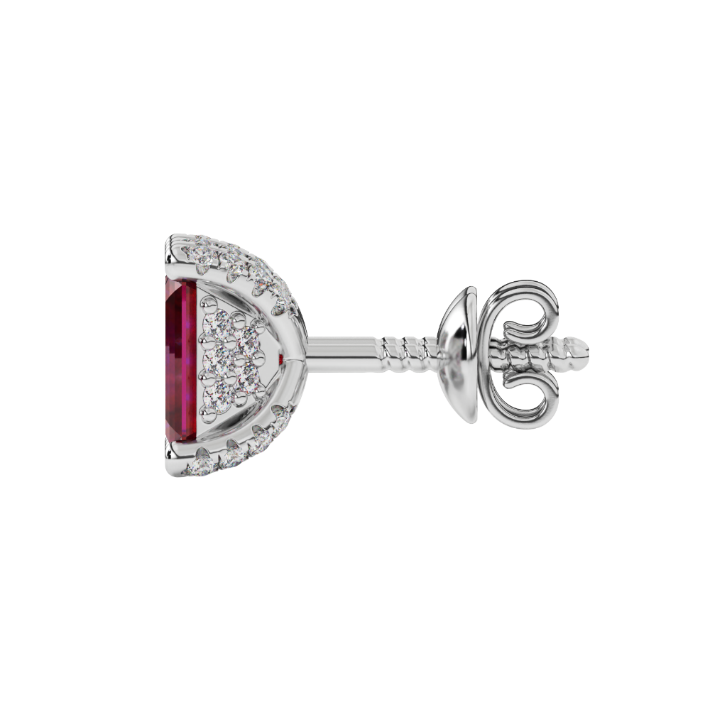 Red emerald cut gemstone stud earrings in rose gold four-prong setting