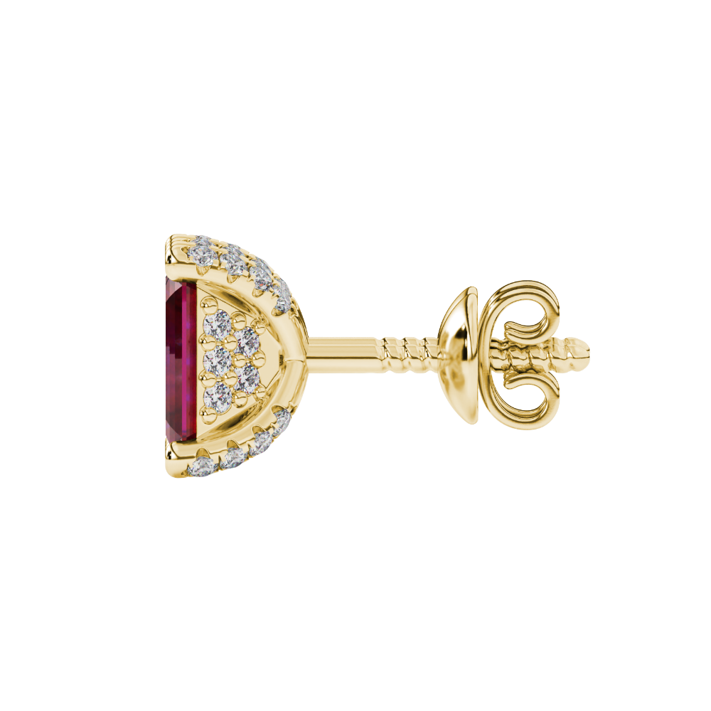 Red emerald cut gemstone stud earrings in rose gold four-prong setting