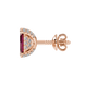 Red emerald cut gemstone stud earrings in rose gold four-prong setting