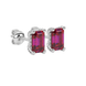 Red emerald cut gemstone stud earrings in rose gold four-prong setting