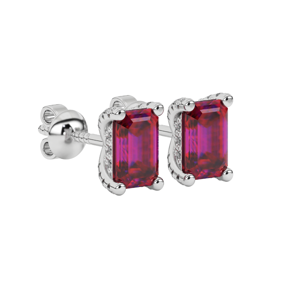 Red emerald cut gemstone stud earrings in rose gold four-prong setting