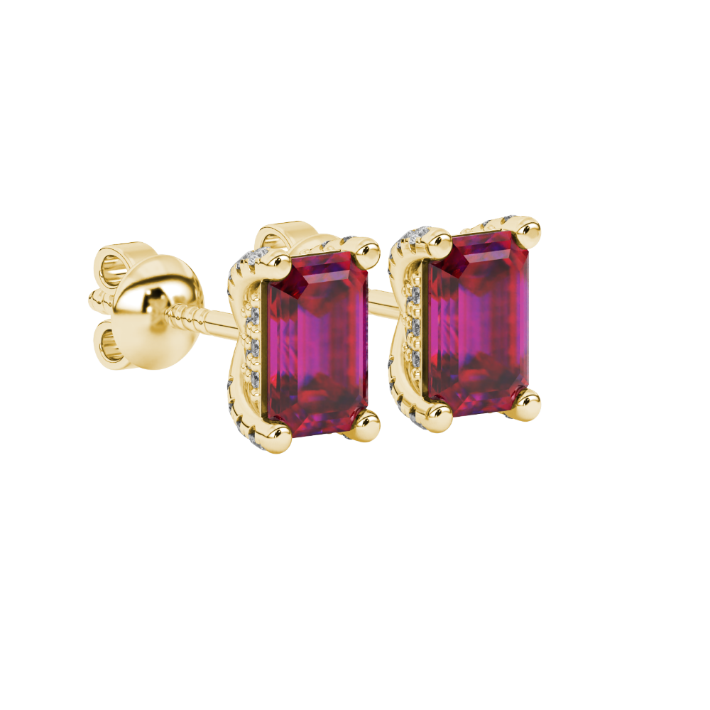 Red emerald cut gemstone stud earrings in rose gold four-prong setting