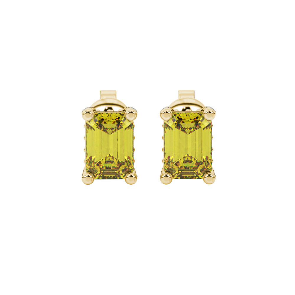 Yellow emerald cut gemstone stud earrings in yellow gold four-prong setting