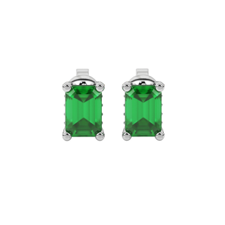 Emerald Green emerald cut pavé basket gemstone stud earrings in White Gold