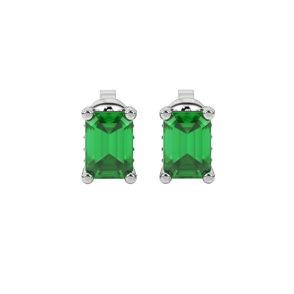 Green emerald cut gemstone stud earrings in rose gold four-prong setting
