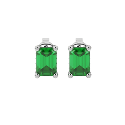 Emerald Green emerald cut pavé basket gemstone stud earrings in White Gold