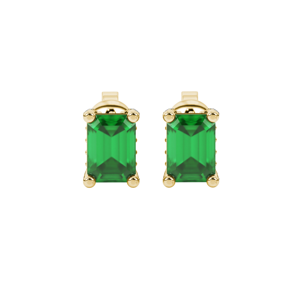 Green emerald cut gemstone stud earrings in rose gold four-prong setting