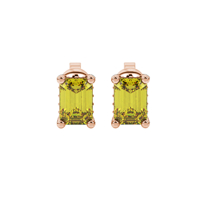Yellow emerald cut gemstone stud earrings in yellow gold four-prong setting