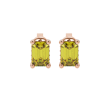 Yellow emerald cut gemstone stud earrings in yellow gold four-prong setting