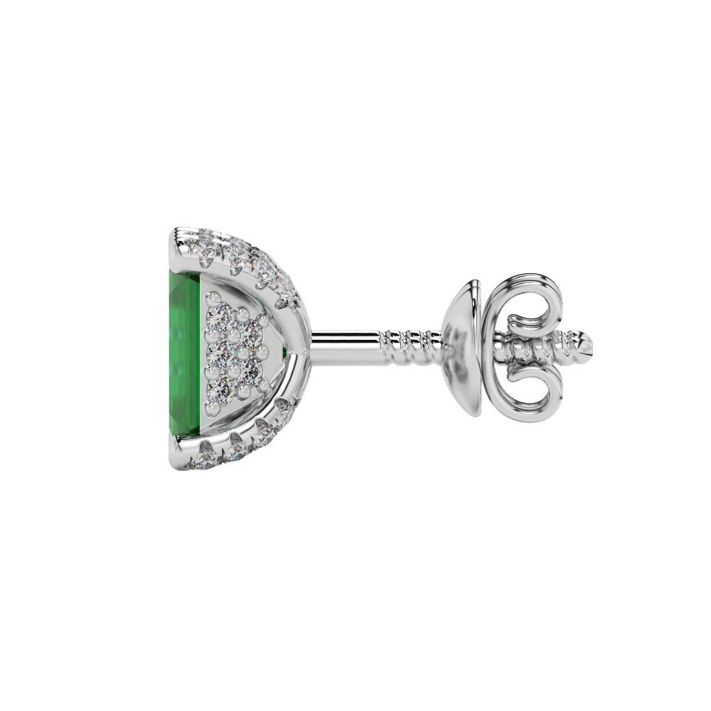 Green emerald cut gemstone stud earrings in rose gold four-prong setting