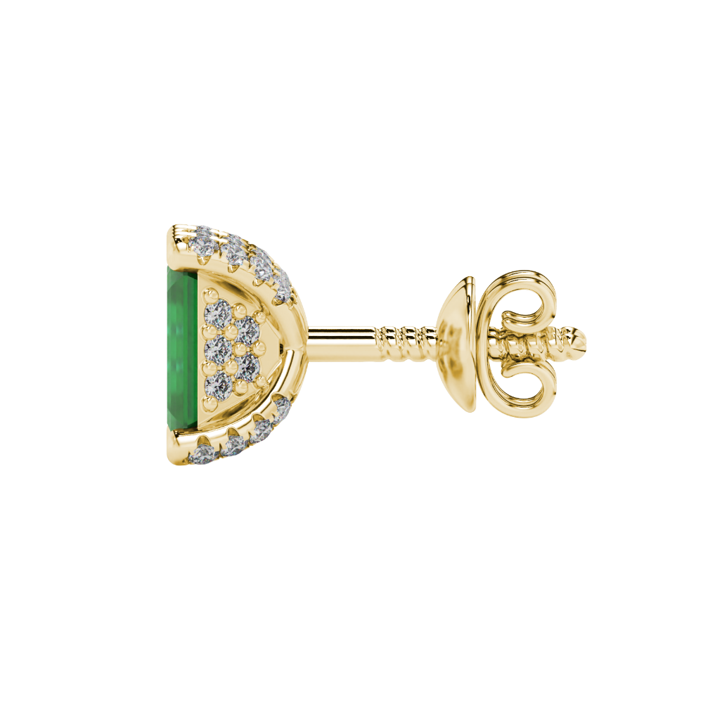 Green emerald cut gemstone stud earrings in rose gold four-prong setting