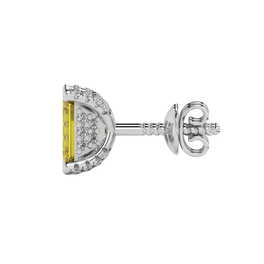 Yellow emerald cut gemstone stud earrings in yellow gold four-prong setting