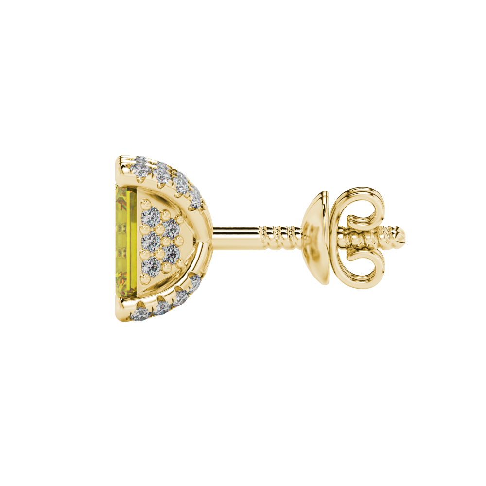 Yellow emerald cut gemstone stud earrings in yellow gold four-prong setting