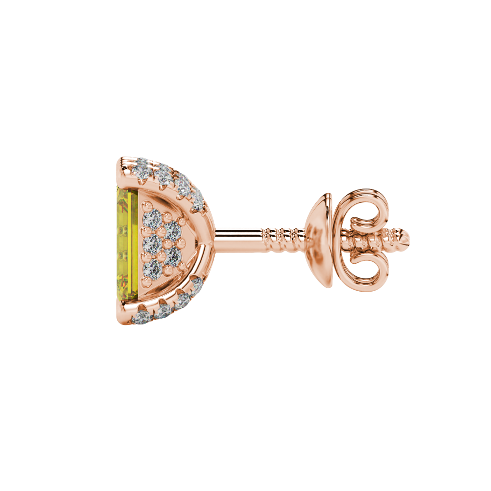 Yellow emerald cut gemstone stud earrings in yellow gold four-prong setting