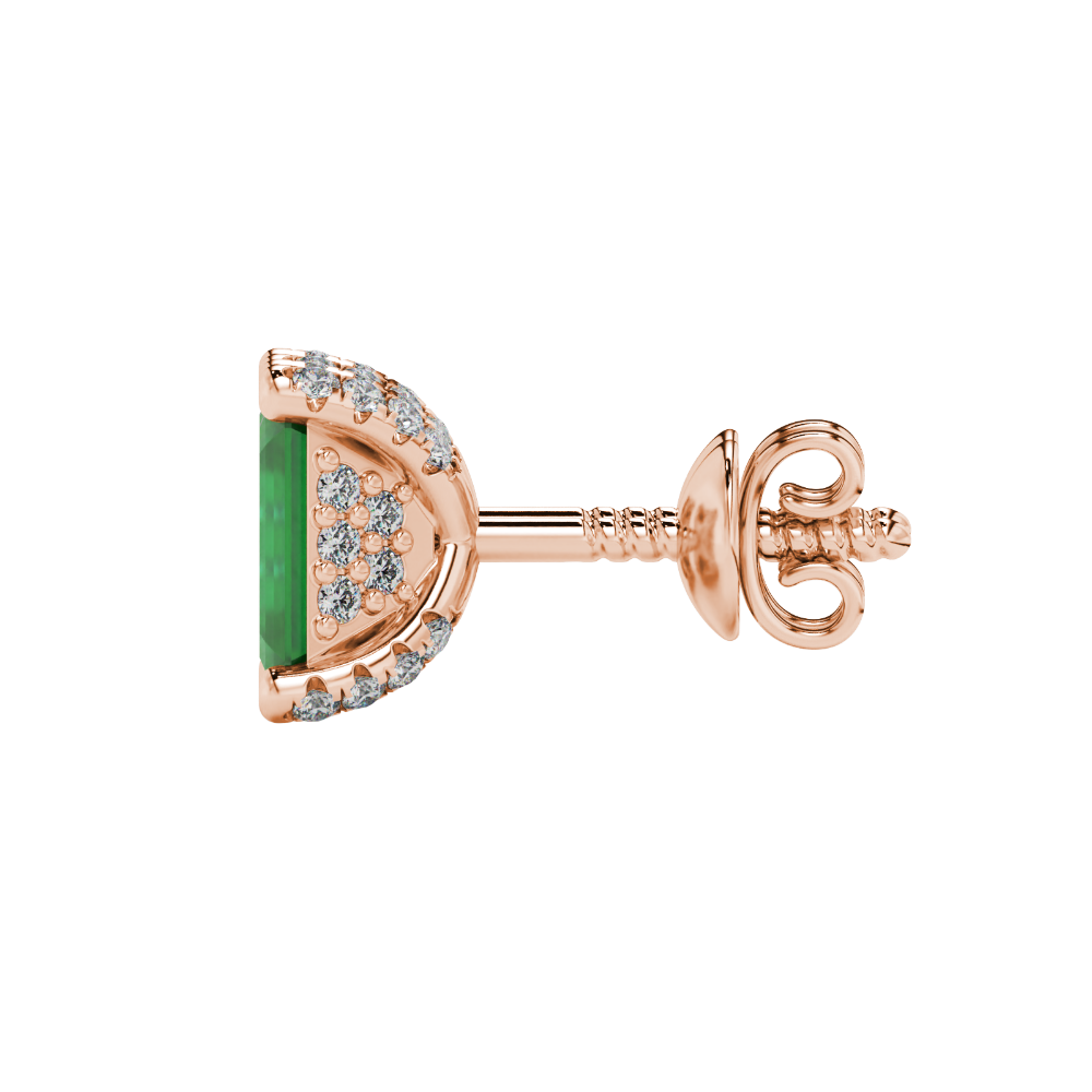 Green emerald cut gemstone stud earrings in rose gold four-prong setting