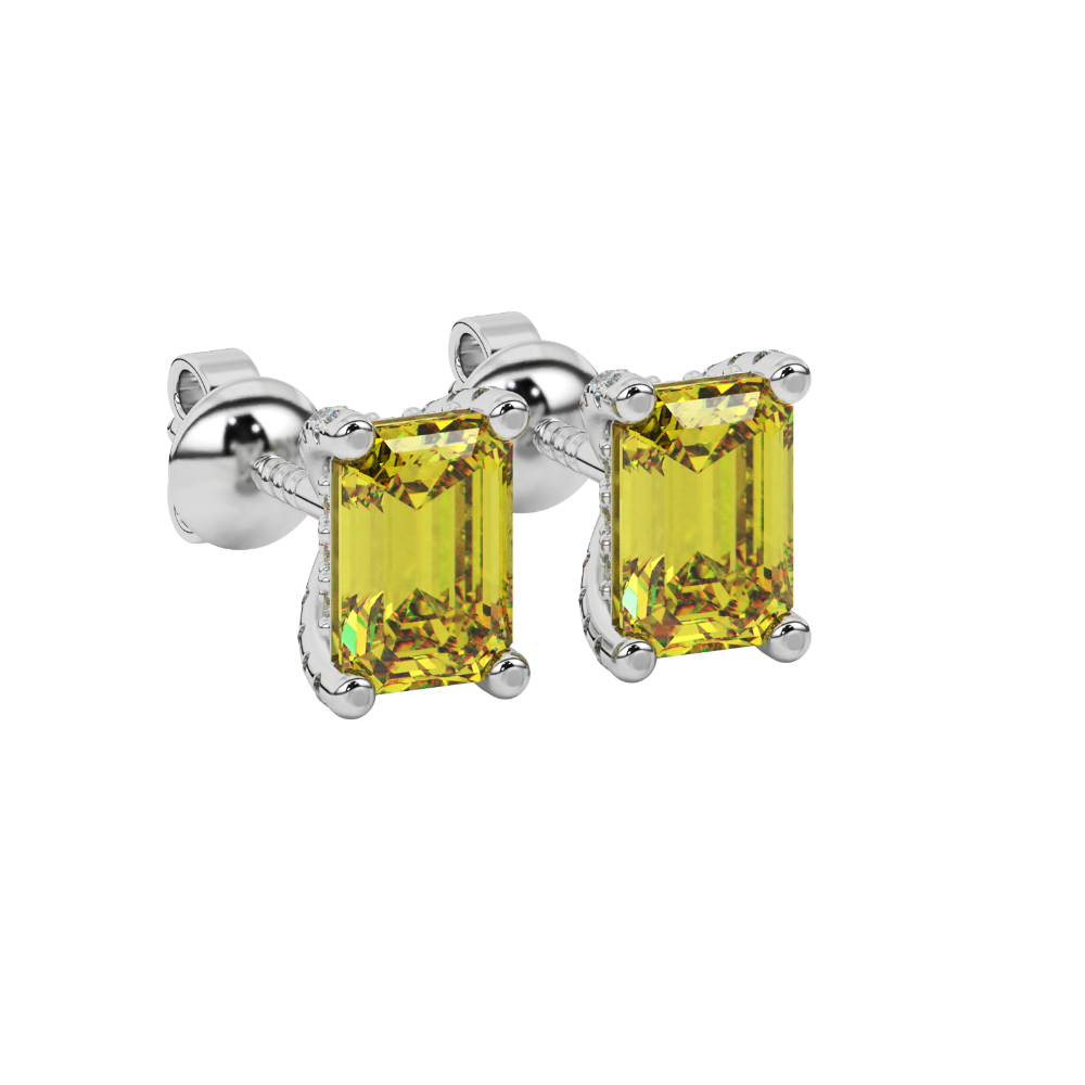 Yellow emerald cut gemstone stud earrings in yellow gold four-prong setting