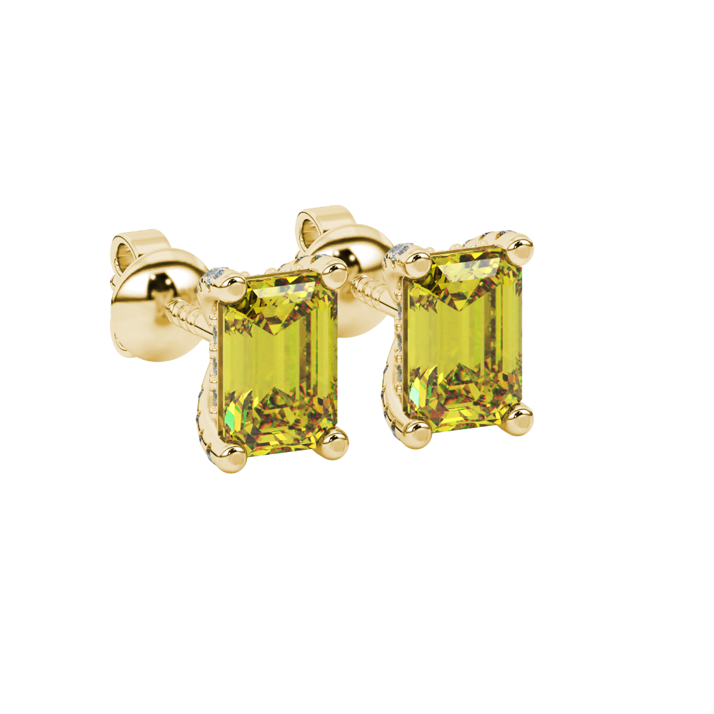 Yellow emerald cut gemstone stud earrings in yellow gold four-prong setting