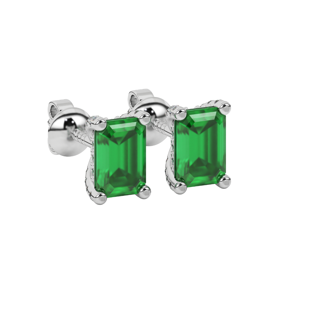 Green emerald cut gemstone stud earrings in rose gold four-prong setting