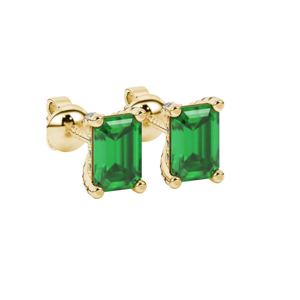 Green emerald cut gemstone stud earrings in rose gold four-prong setting