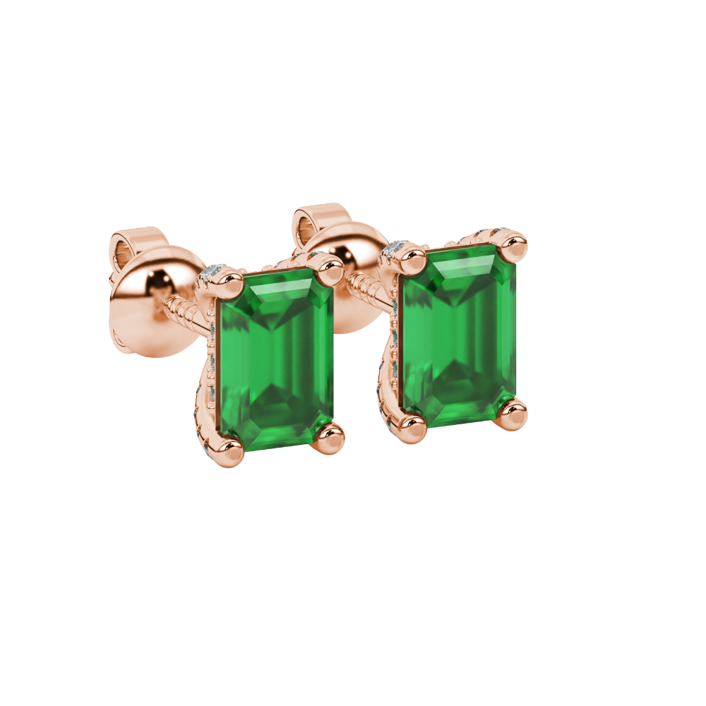 Green emerald cut gemstone stud earrings in rose gold four-prong setting